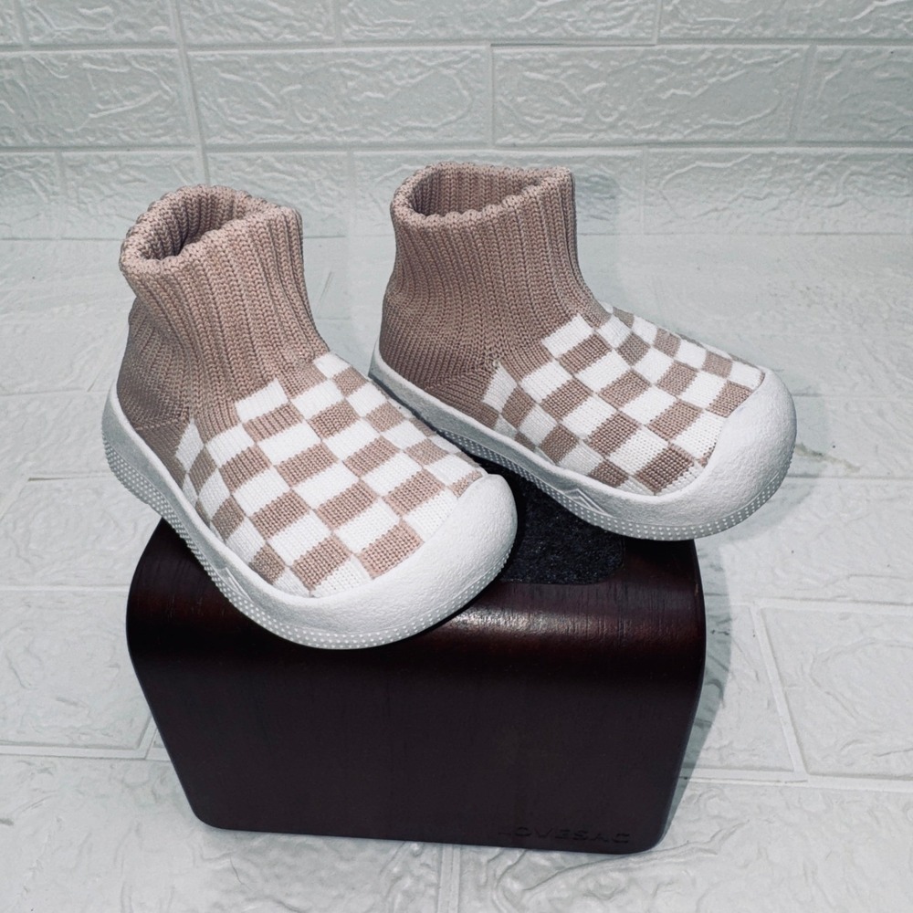 Eashi Knit Sock Sneakers Toddler 9-12 month 4.5 Tan White Checkered Slip On Shoe